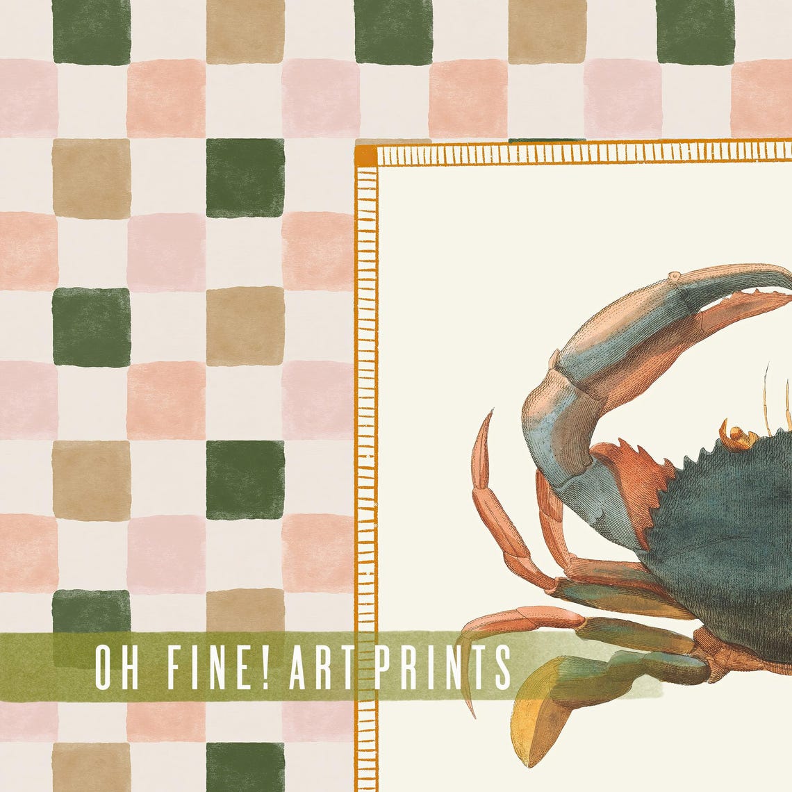 Vintage Crab Illustration Checkered Coastal Maximalist Kitchen Poster - Image 2