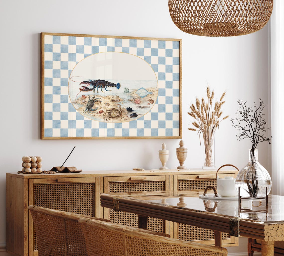 Vintage Lobster Shell Illustration Coastal Checkerboard Kitchen Poster - Image 3