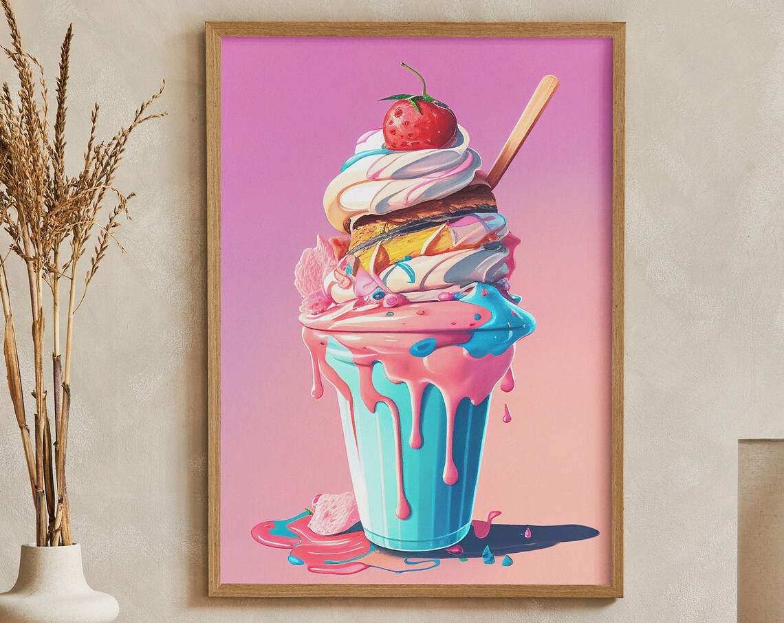 Pink And Blue Strawberry Sundae Milkshake Dessert Art Poster