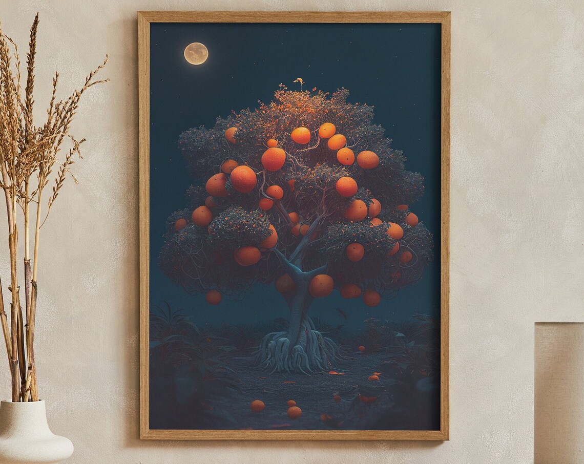 Surreal Moonlit Orange Tree Botanical Night Fantasy Art Poster