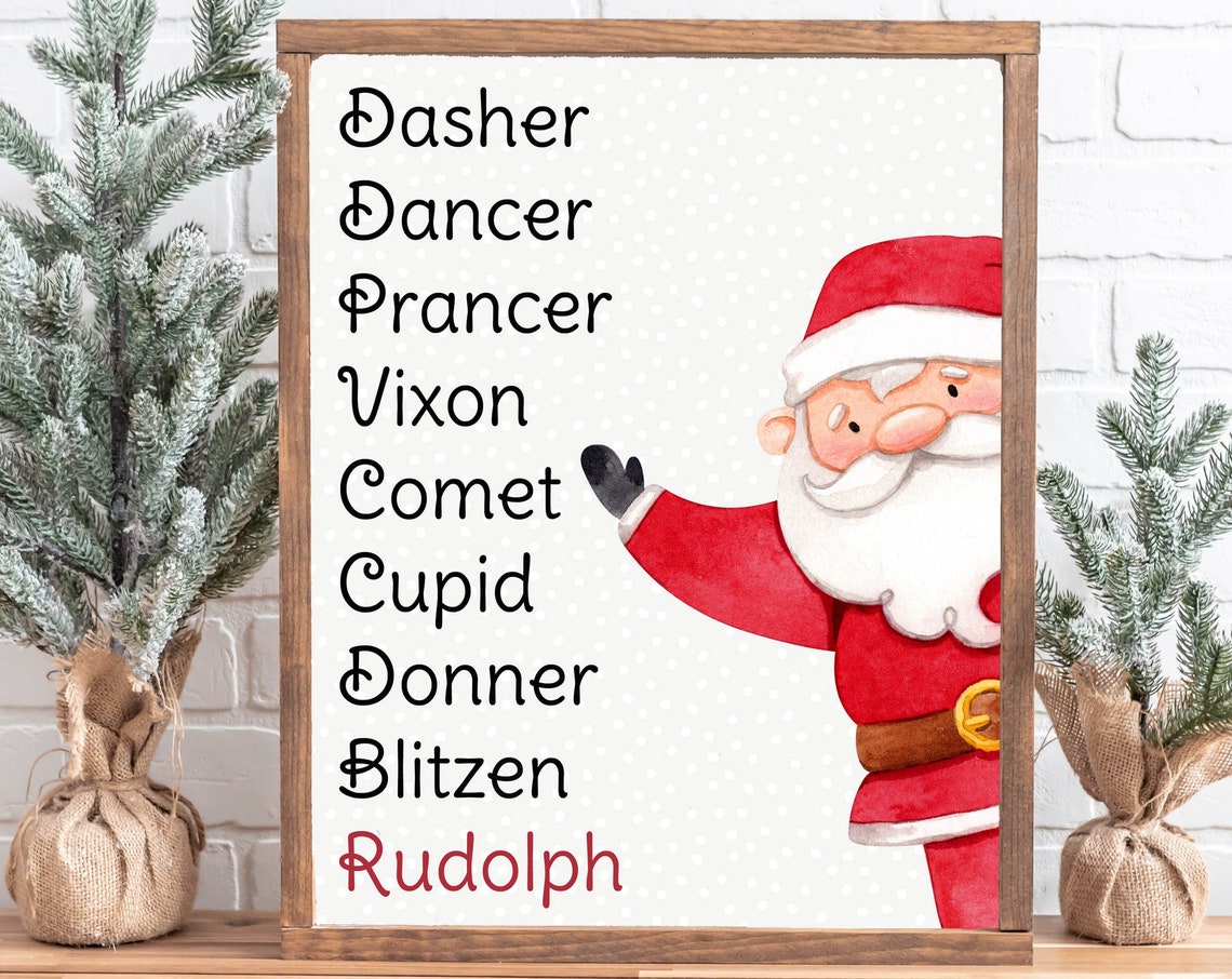 Reindeer Names List With Cute Santa Christmas Holiday Decor Wall Art