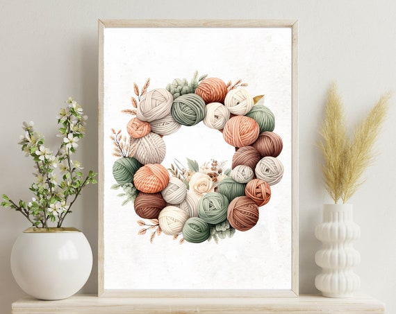 Yarn Wreath Knitting Crochet Sign Watercolor Craft Room Wall Art Gift For Crafter 5x7 8x10 11x14 16x20 Hobby Room Print Diy Decor