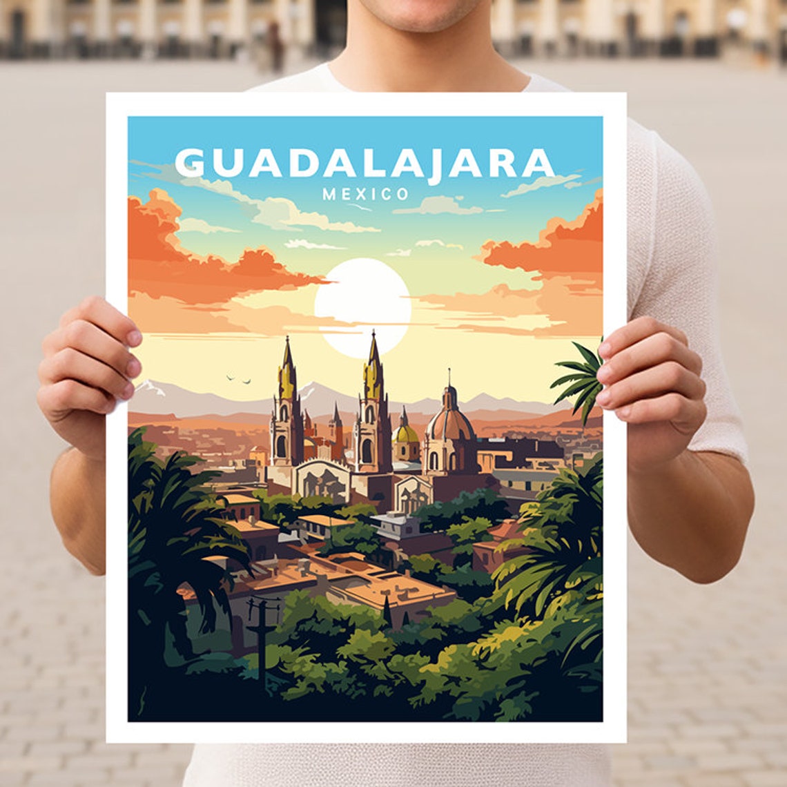 Guadalajara Mexico Cathedral Sunset Golden City View Travel Poster