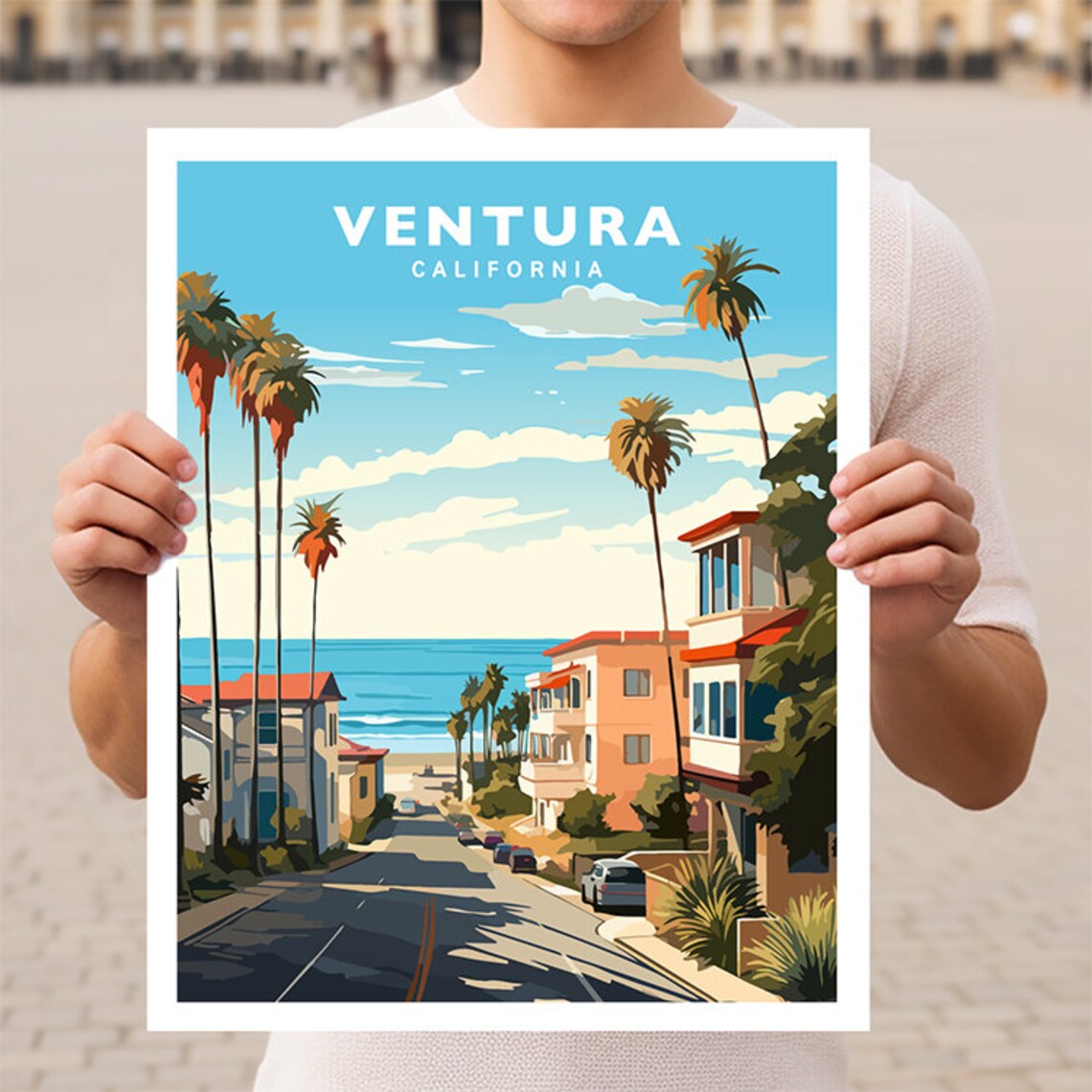 Ventura California Beach Street Palm Trees Ocean View Travel Poster