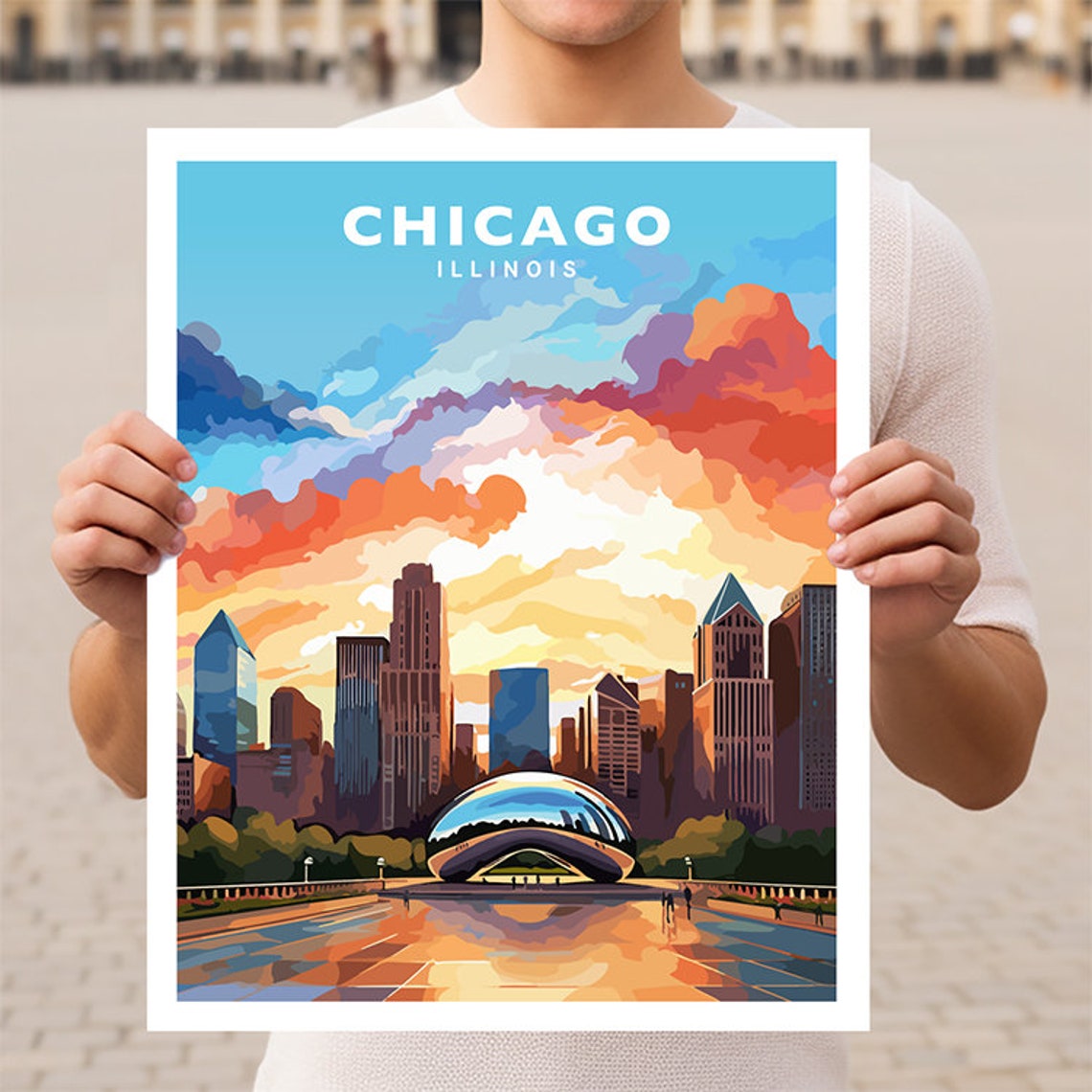 Chicago Illinois Millennium Park Cloud Gate Skyline Travel Poster