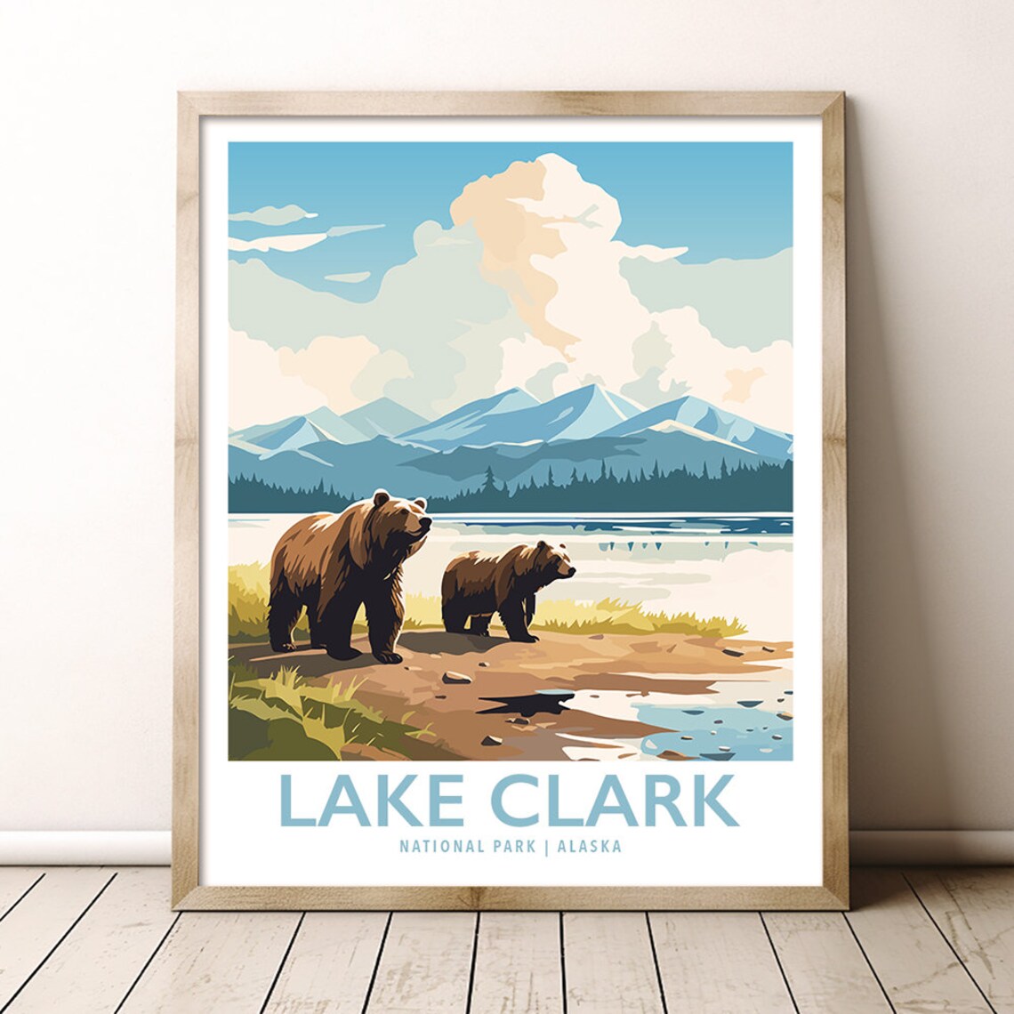 Lake Clark National Park Alaska Brown Bears Lakeside Vintage Poster