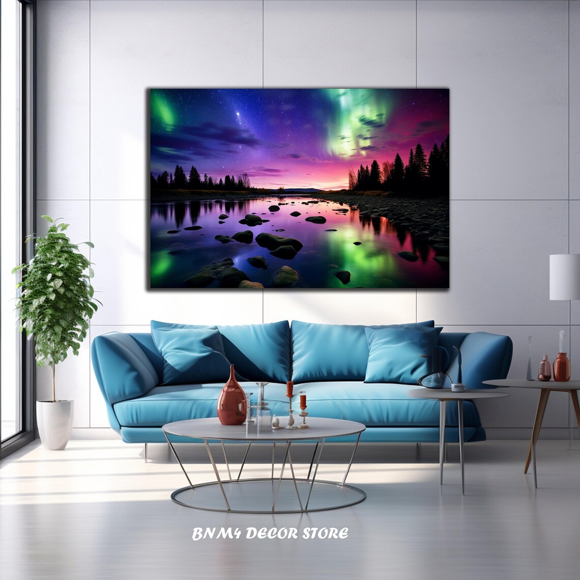 Northern Lights Aurora Over Rocky Lake Starry Night Sky Glass Poster