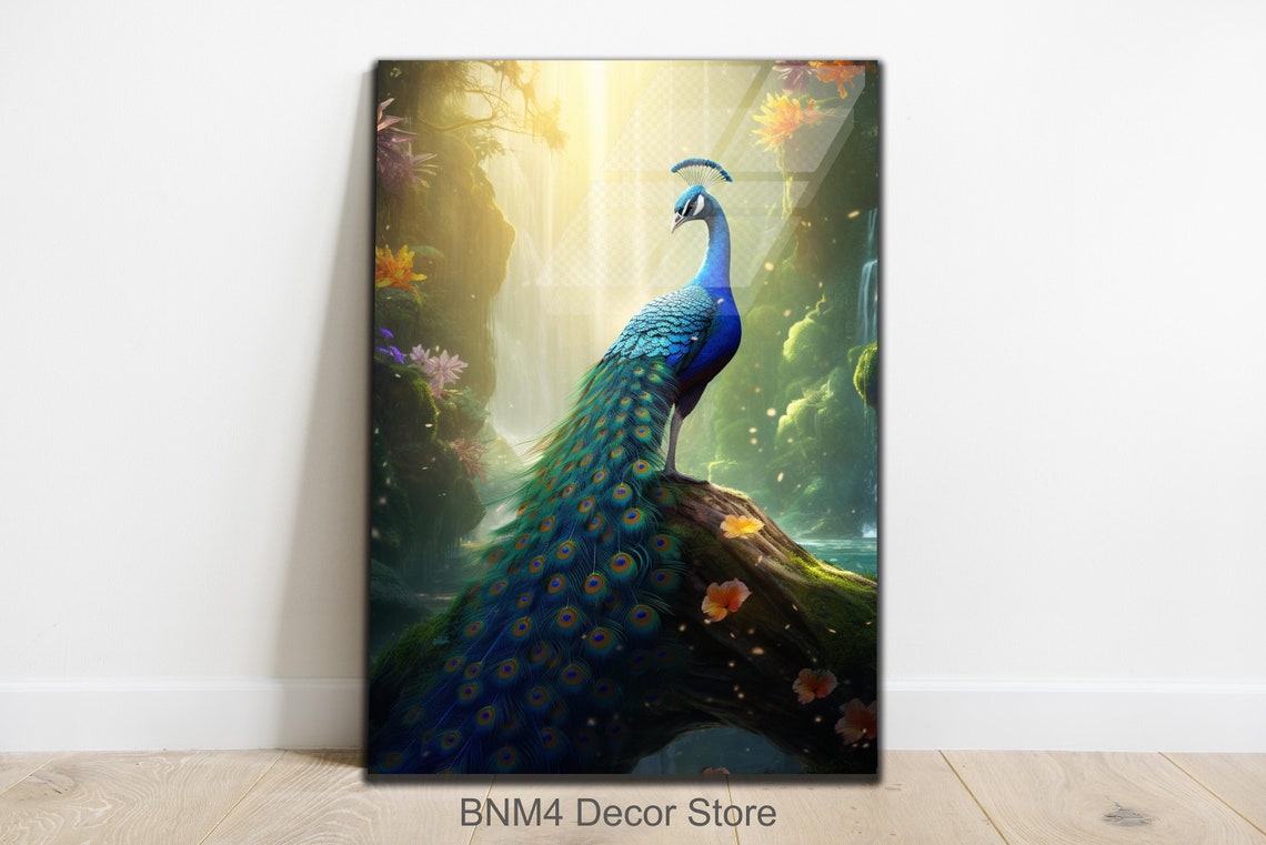 Peacock Perched on Mossy Rock in Sunlit Jungle Waterfall Forest Poster
