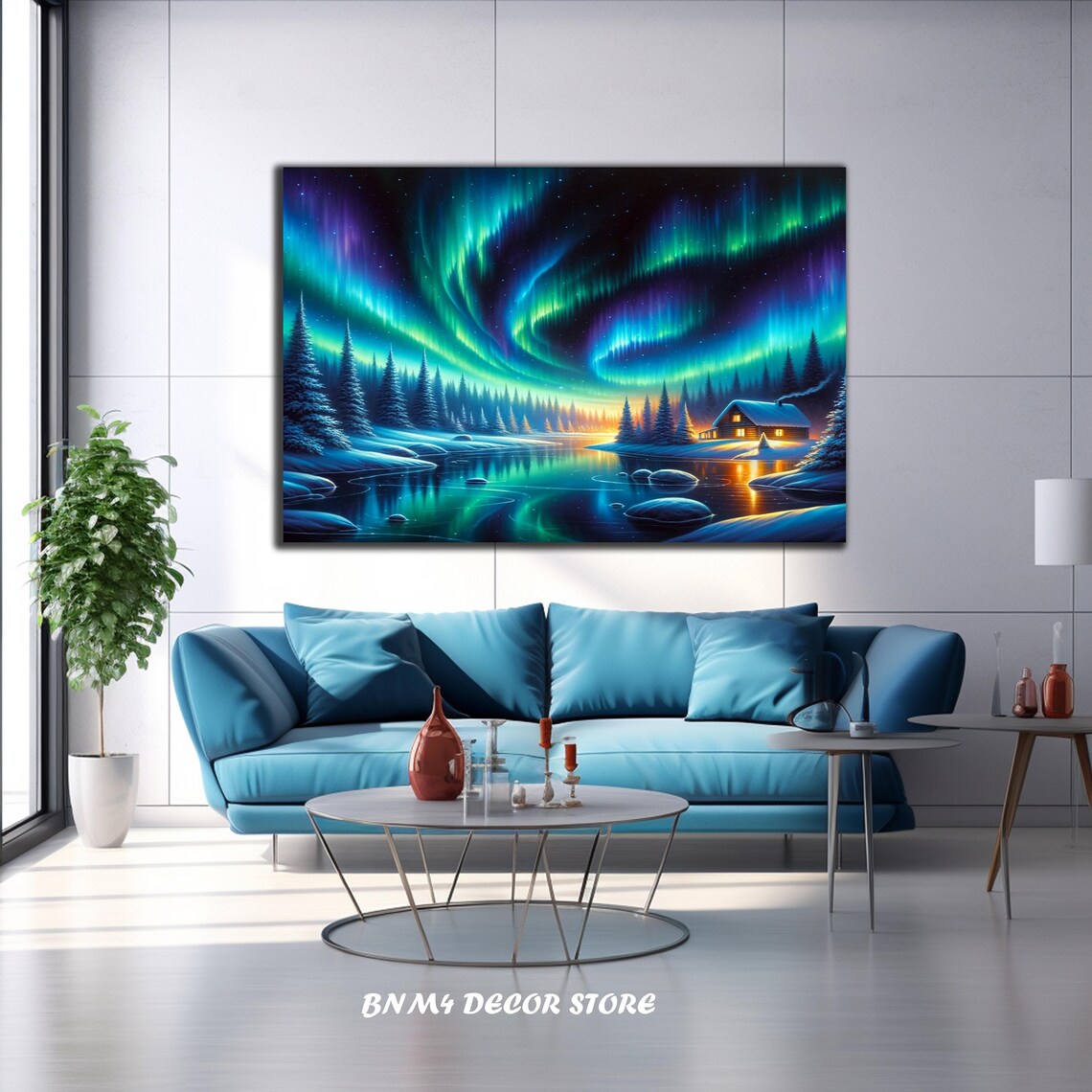 Aurora Borealis Over Snowy Cabin Frozen Lake Starry Winter Night Poster