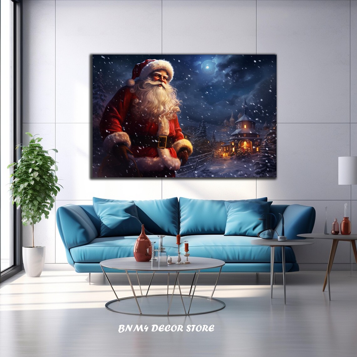 Santa Claus Snowy Night Village Moon Christmas Spirit Wall Art