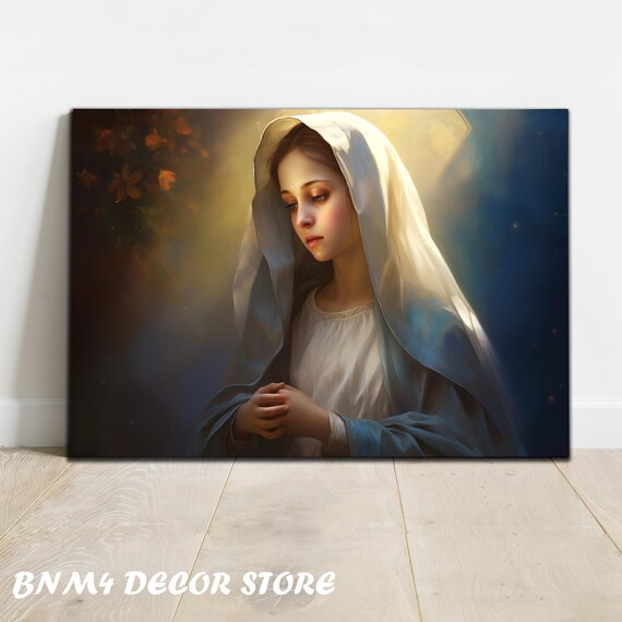 Virgin Mary Praying in White Veil with Golden Halo Glow Wall Poster