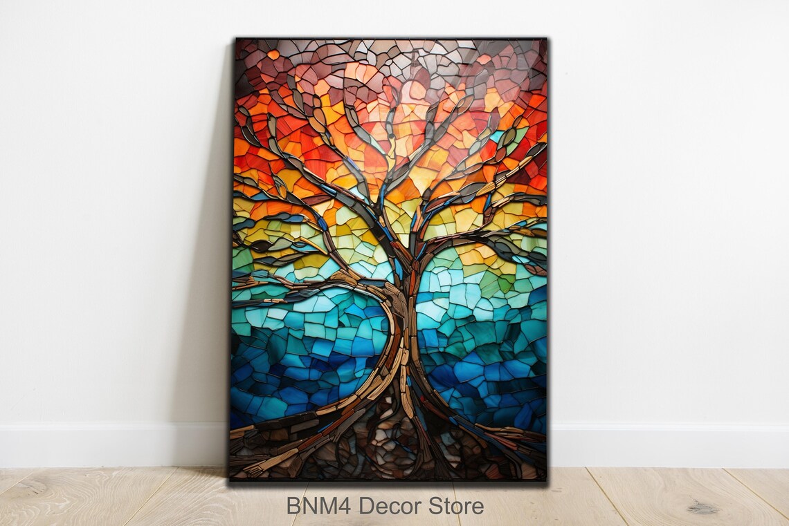 Vertical Tree of Life Stained Glass Mosaic with Teal Base Poster