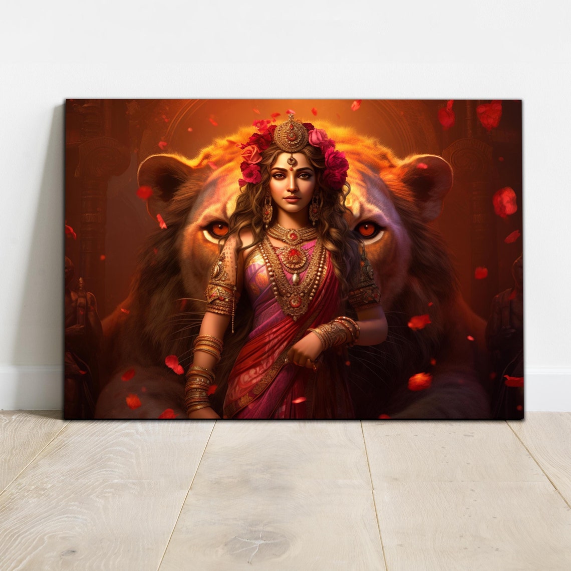 Hindu Goddess Durga With Lion Golden Crown Red Sari Divine Poster