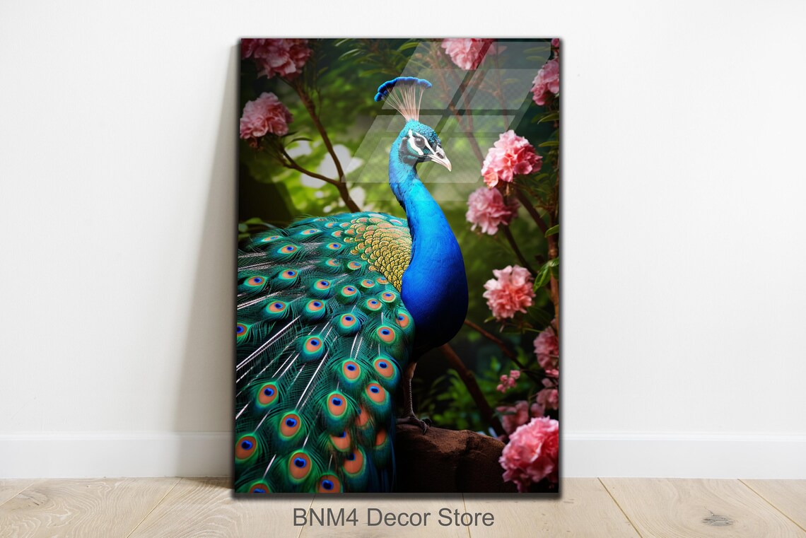 Blue Peacock Fanned Tail Pink Flowers Garden Bird Glass Wall Art