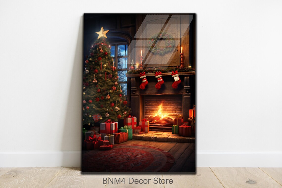 Cozy Christmas Tree Fireplace Stockings Holiday Night Wall Art