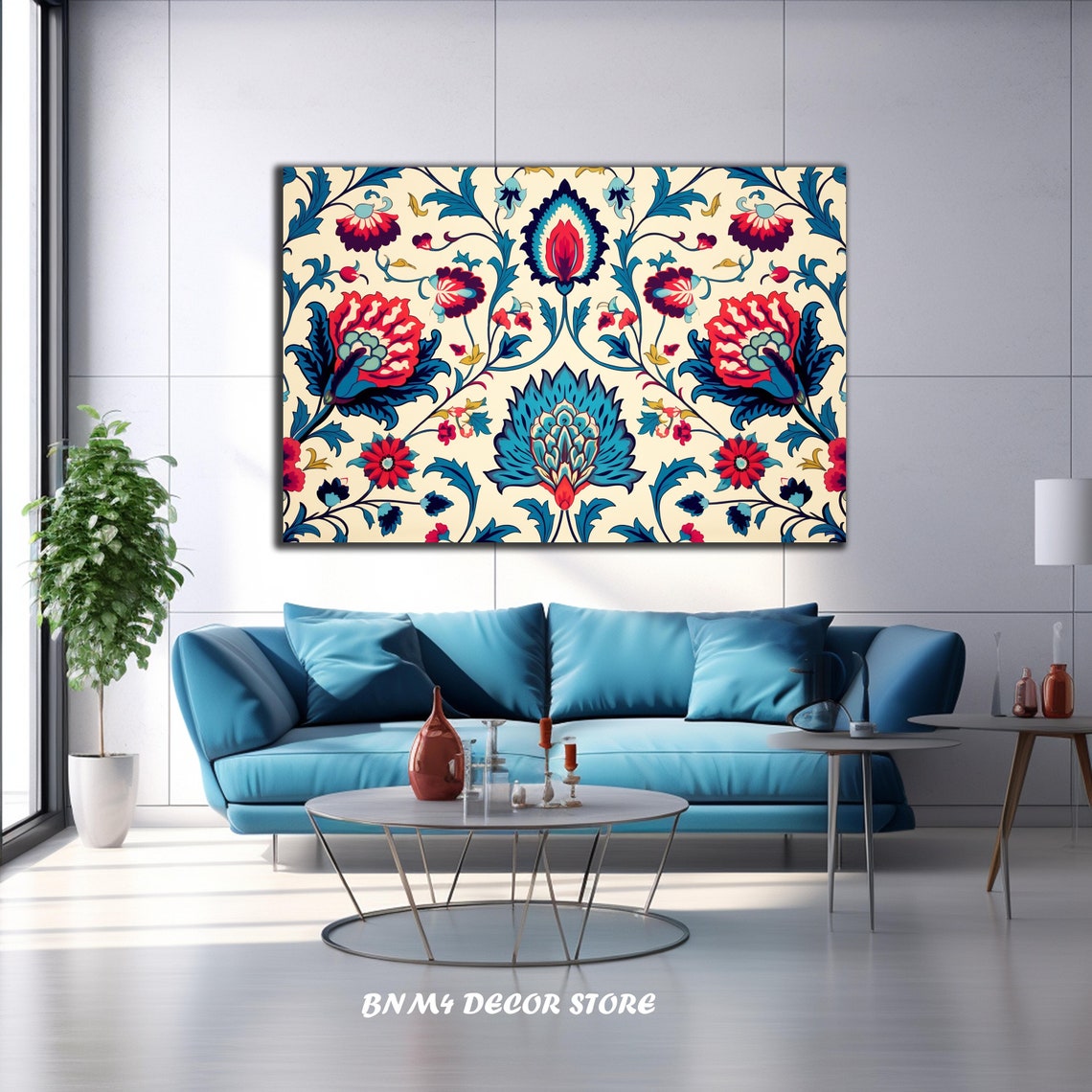 Ottoman Turkish Floral Tile Pattern Symmetric Red Blue Iznik Poster