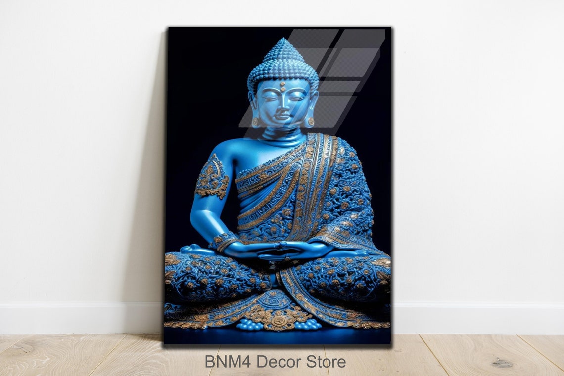 Blue Buddha Meditating in Ornate Golden Robe on Dark Background Poster