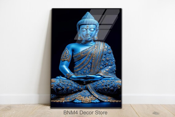 Blue Buddha Meditating in Ornate Golden Robe on Dark Background Poster