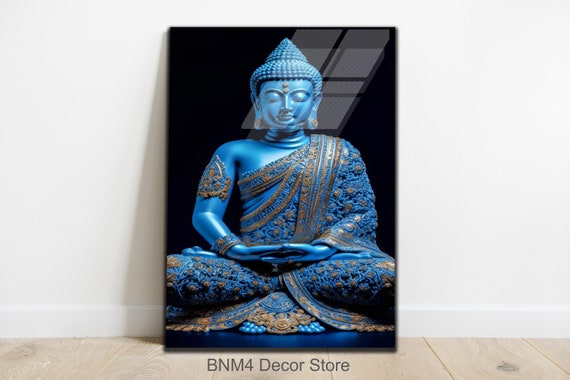 Tempered Glass Blue Buddha Wall Art Hindu Wall Art Housewarming Gifts Buddhism Decor Wall Hangings Large Wall Art Buddha Healing Decor