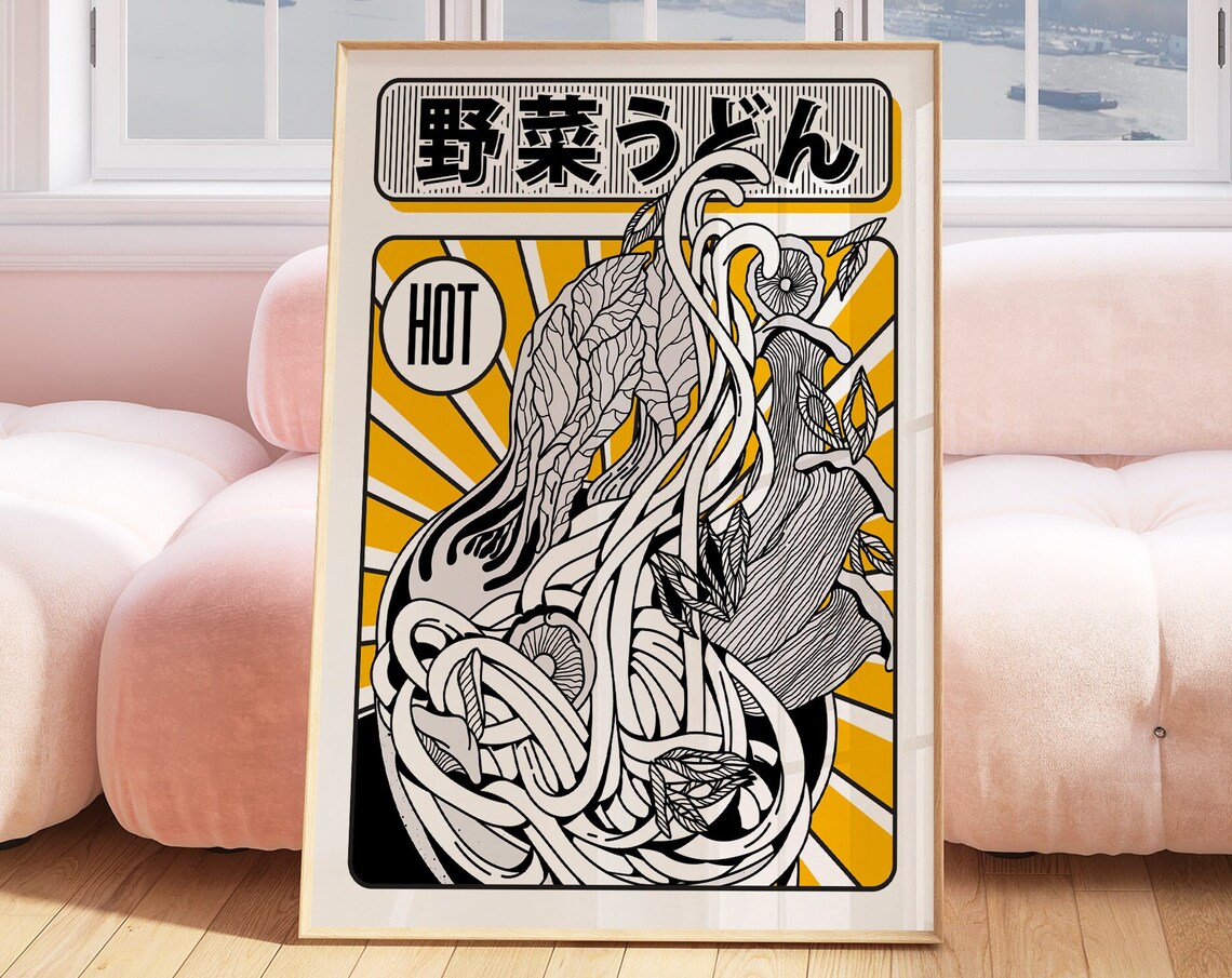 Yasai Udon Hot Japanese Noodle Line Art Yellow Sunburst Kitchen Poster