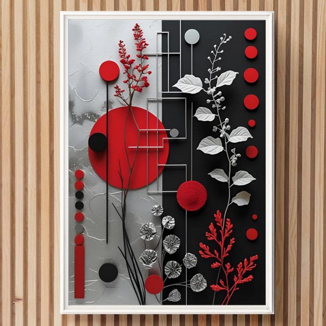 Red Silver Geometric Botanical Abstract Poster Modern Circles Art