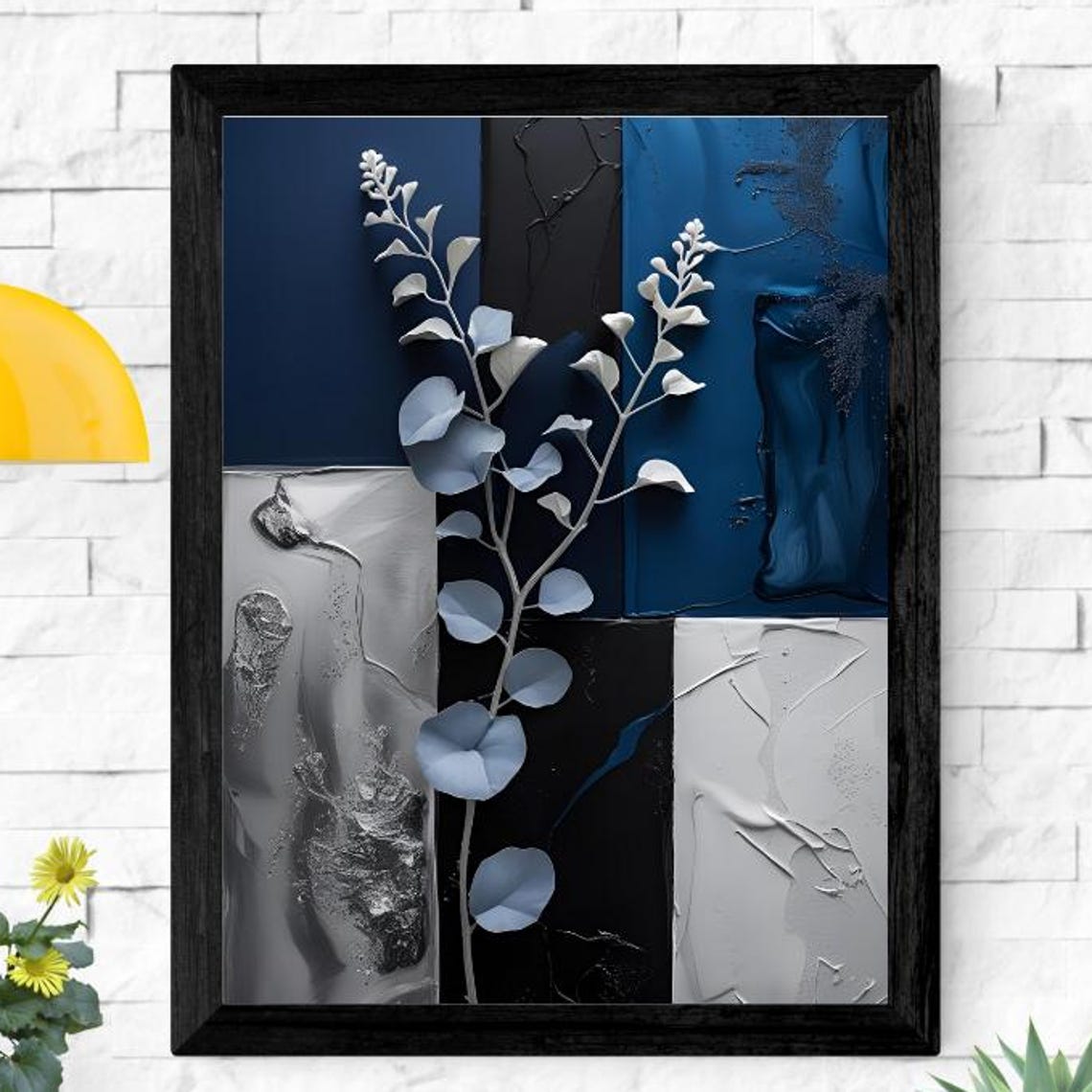 Navy White Geometric Panel Sculpted Silver Stem Botanical Art Poster