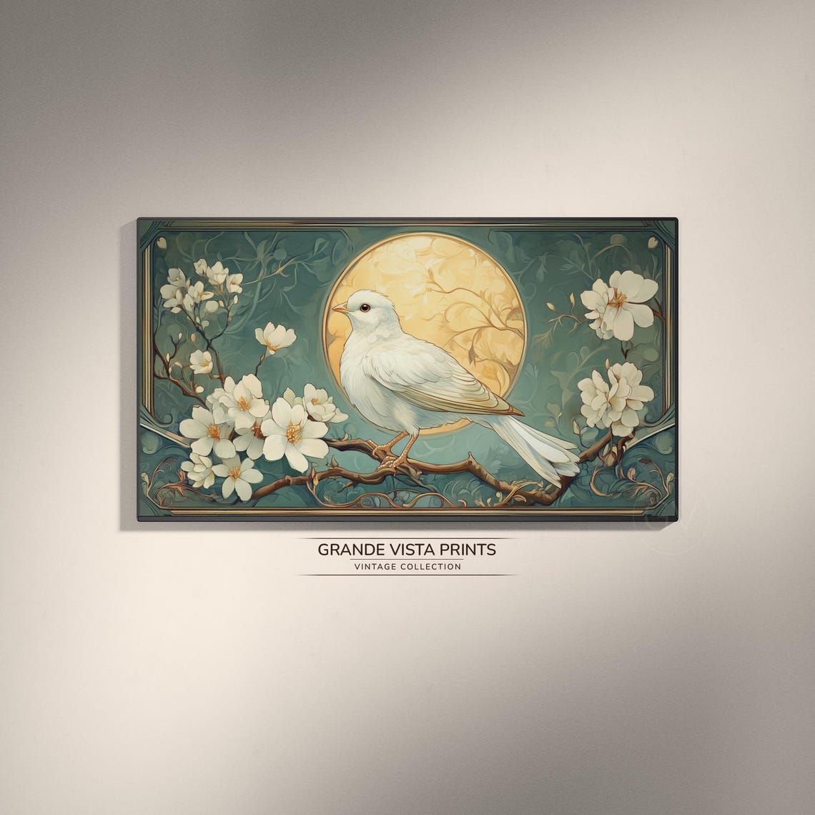 White Dove on Blossom Branch Golden Moon Art Nouveau Spring Print