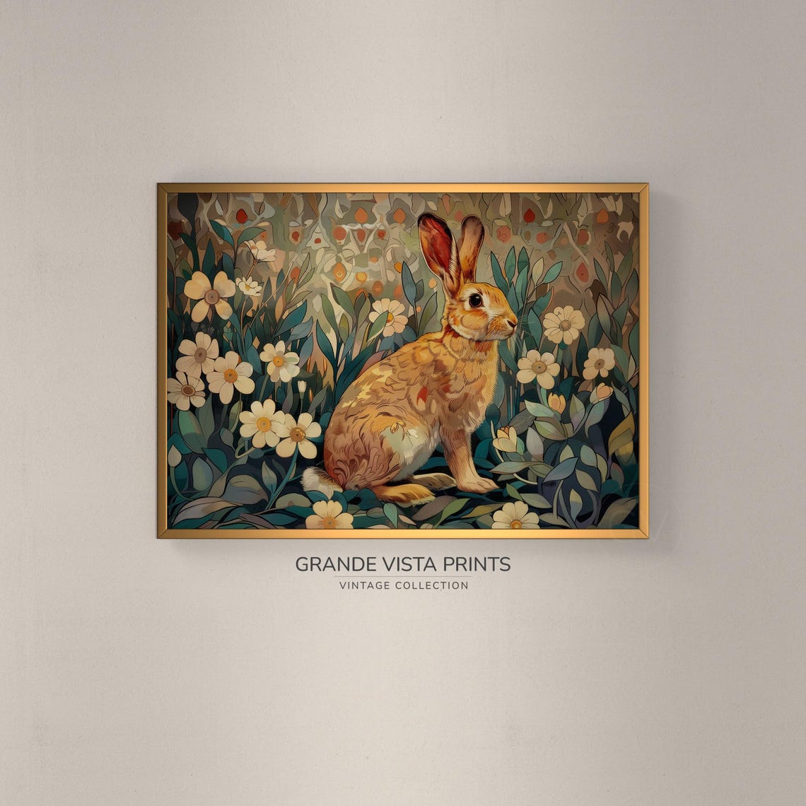 Amber Rabbit in White Daisy Meadow Art Nouveau Style Easter Wall Art
