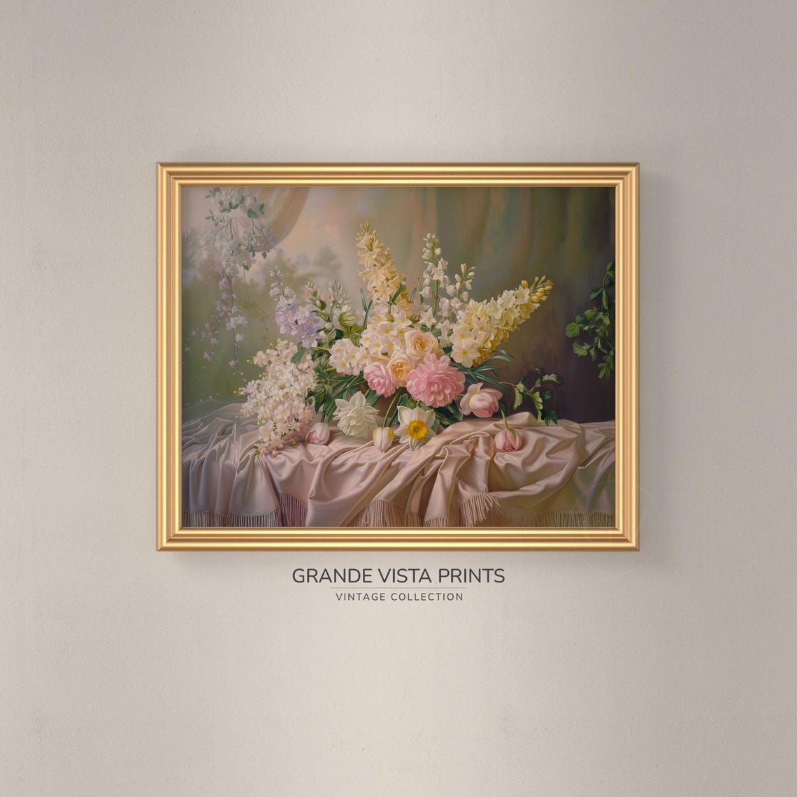 Pastel Peony Delphinium Bouquet on Silk Floral Still Life Art Print - Image 3