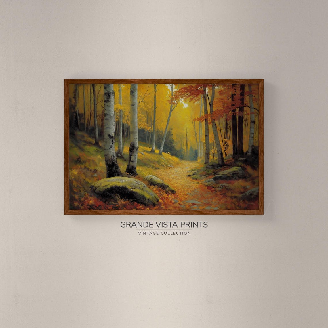 Golden Birch Grove White Trunks Mossy Rocks Sunlit Fall Forest Poster - Image 2