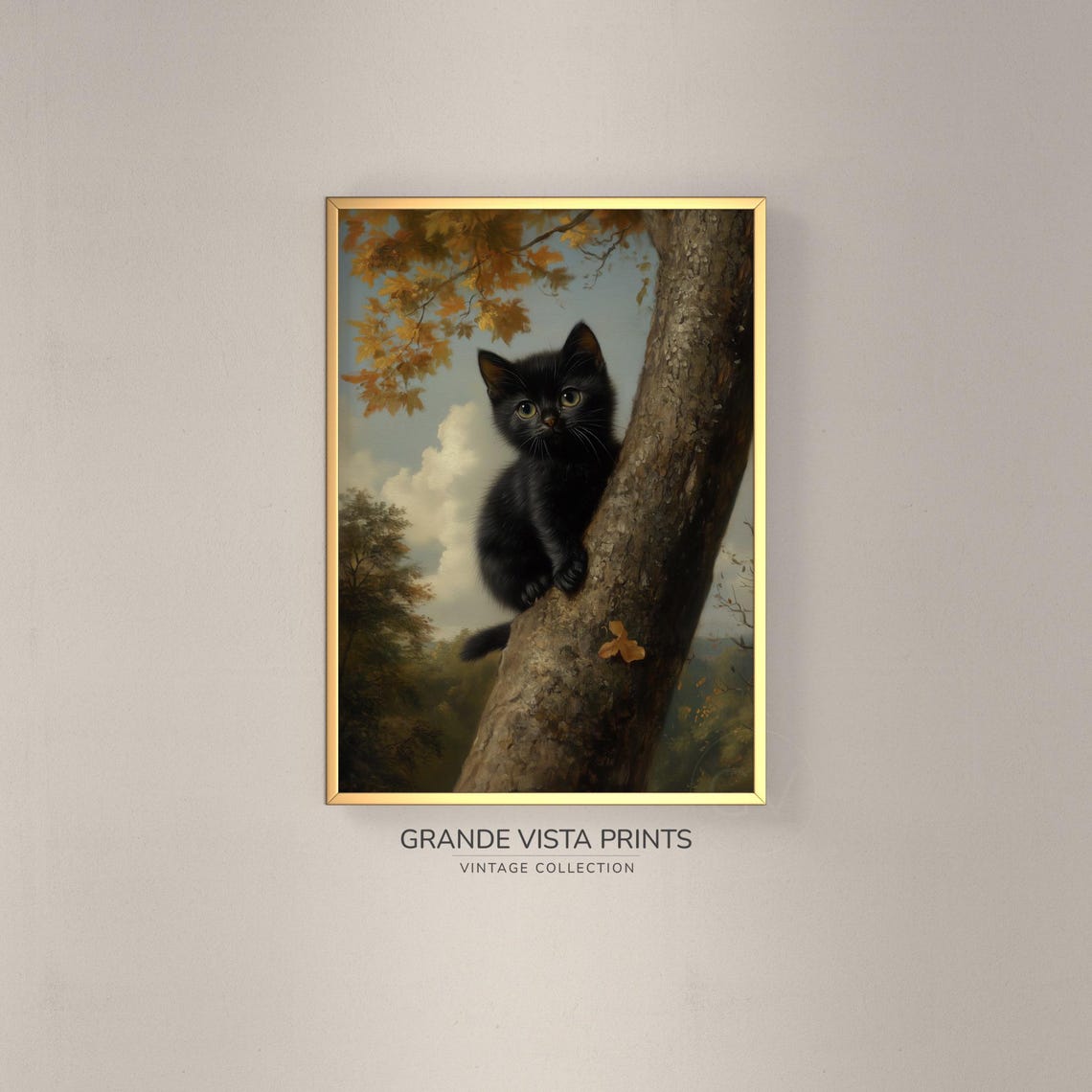 Black Kitten Climbing Tree Autumn Leaves Cute Vintage Cat Art Print