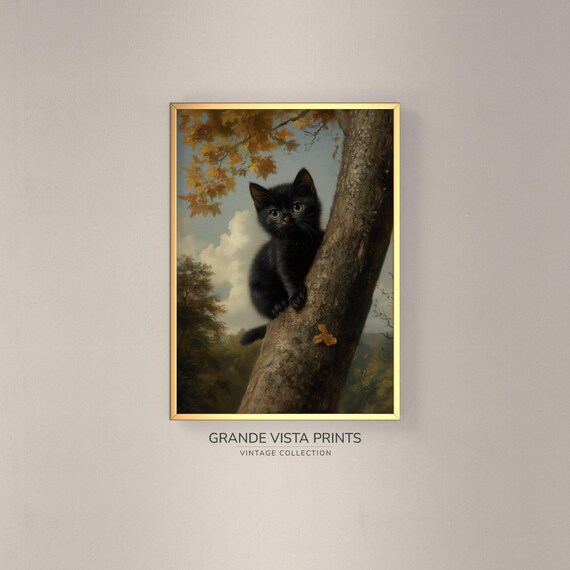 Black Kitten Climbing Tree Autumn Leaves Cute Vintage Cat Art Print