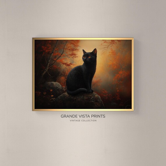 Black Cat Rock Autumn Forest Golden Light Halloween Cat Animal Poster