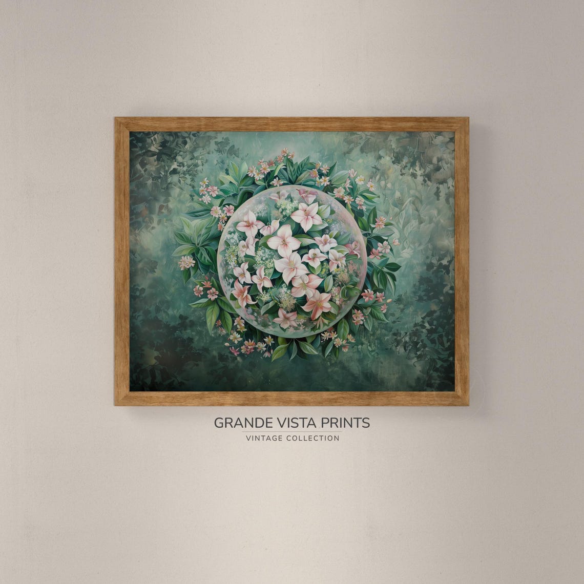 Pink Lily Floral Mandala Wreath Green Botanical Vintage Art Print - Image 4