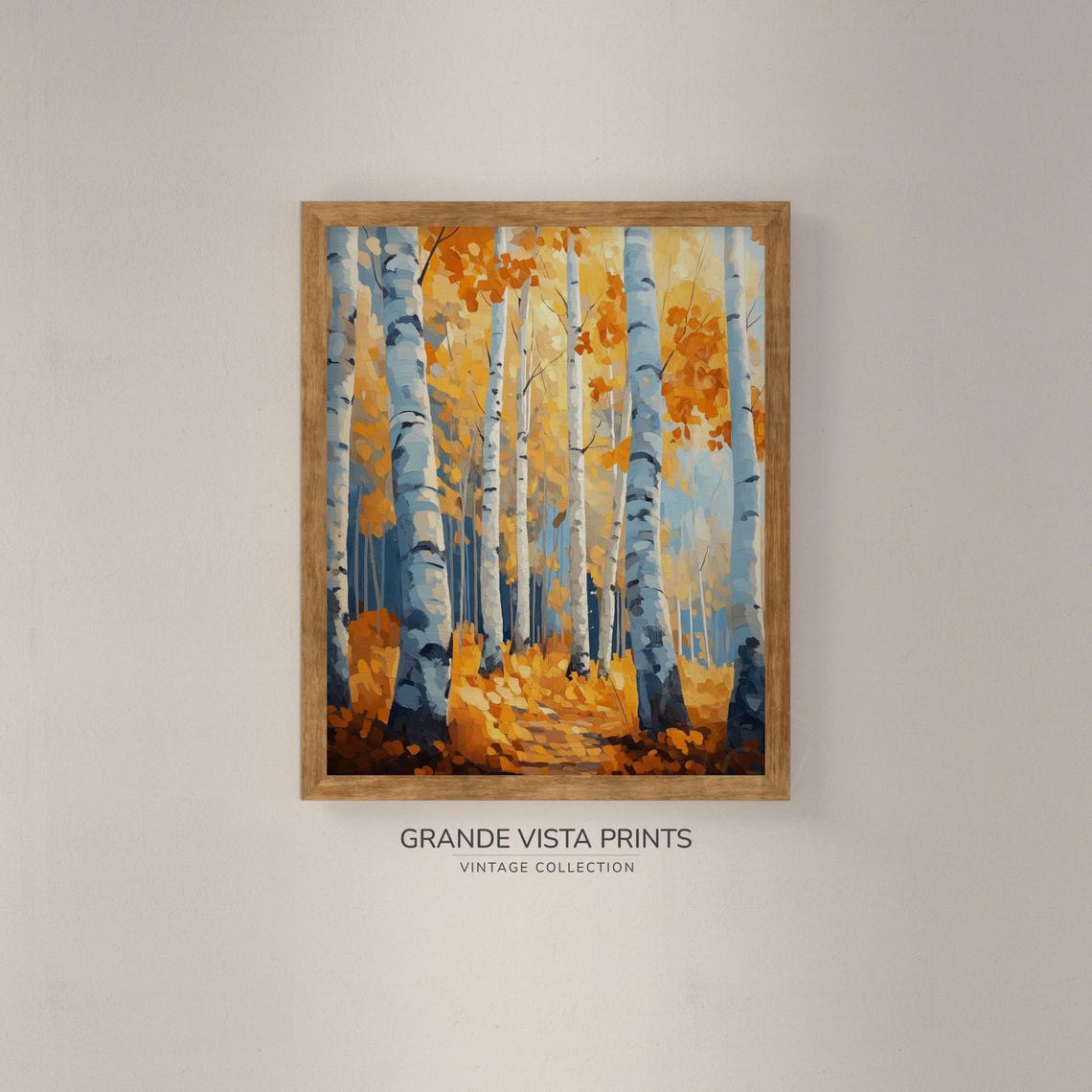 Golden Orange Birch Forest Blue Shadows Painterly Vintage Poster - Image 4
