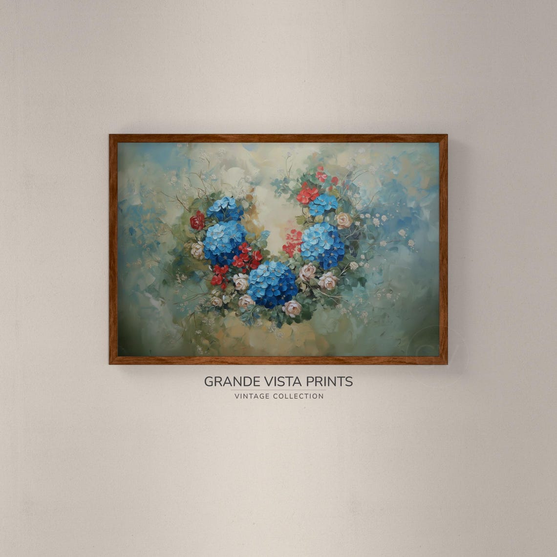 Blue Hydrangea Rose Wreath Vintage Floral Still Life Wall Poster - Image 2