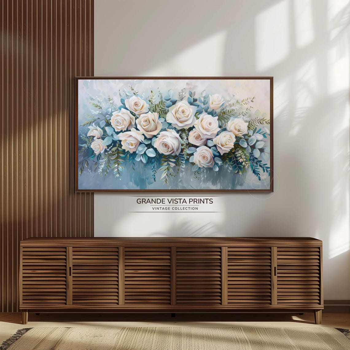 White Rose Bouquet Eucalyptus Blue Grey Elegant Floral Wall Art Poster - Image 3
