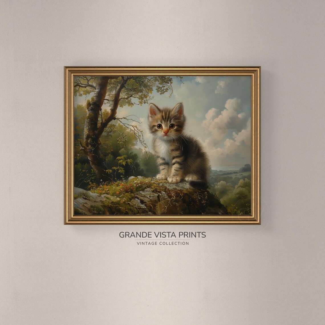 Tabby Kitten On Rock Vintage Cute Cat Painting Forest Animal Wall Art Poster - Image 3
