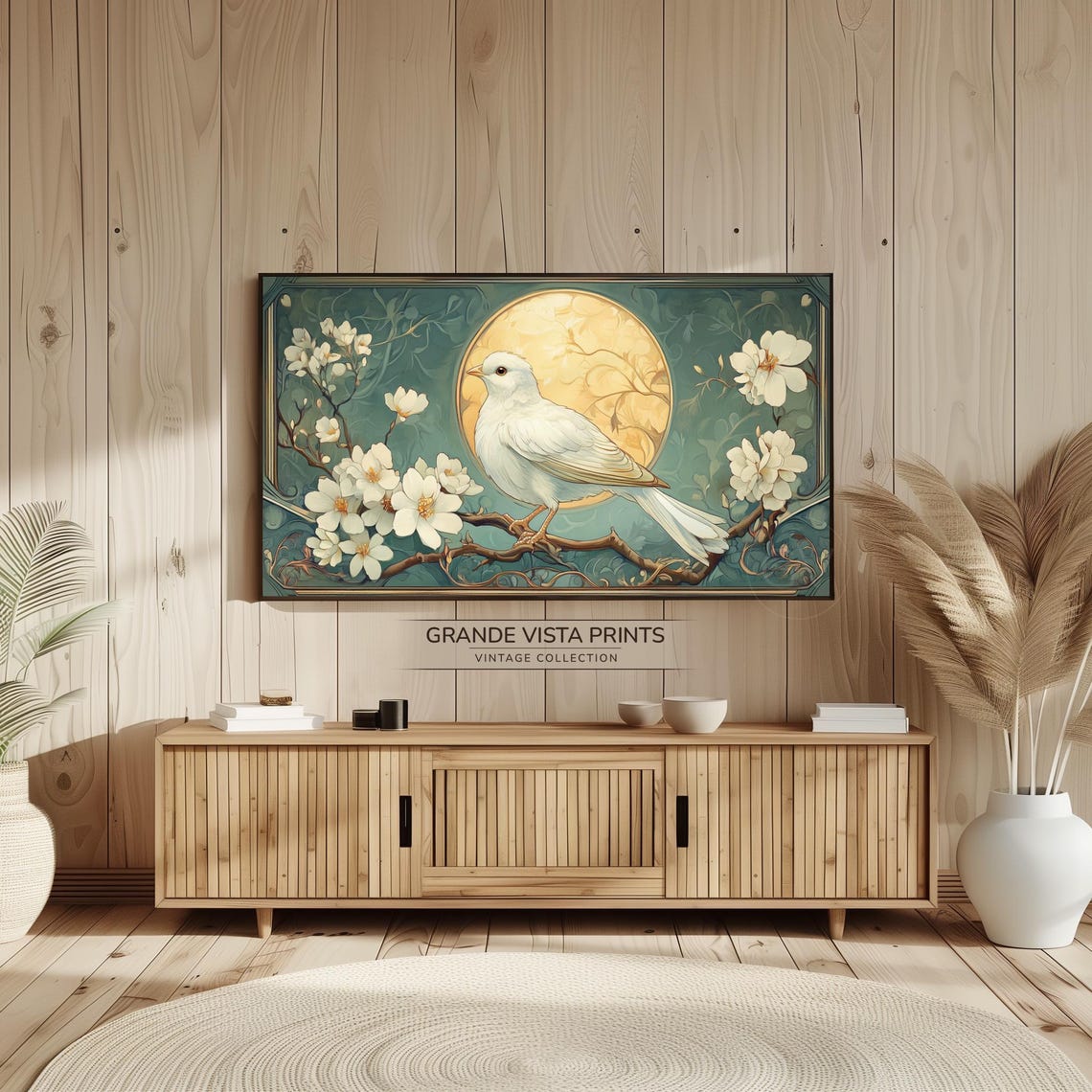 White Dove on Blossom Branch Golden Moon Art Nouveau Spring Print - Image 2