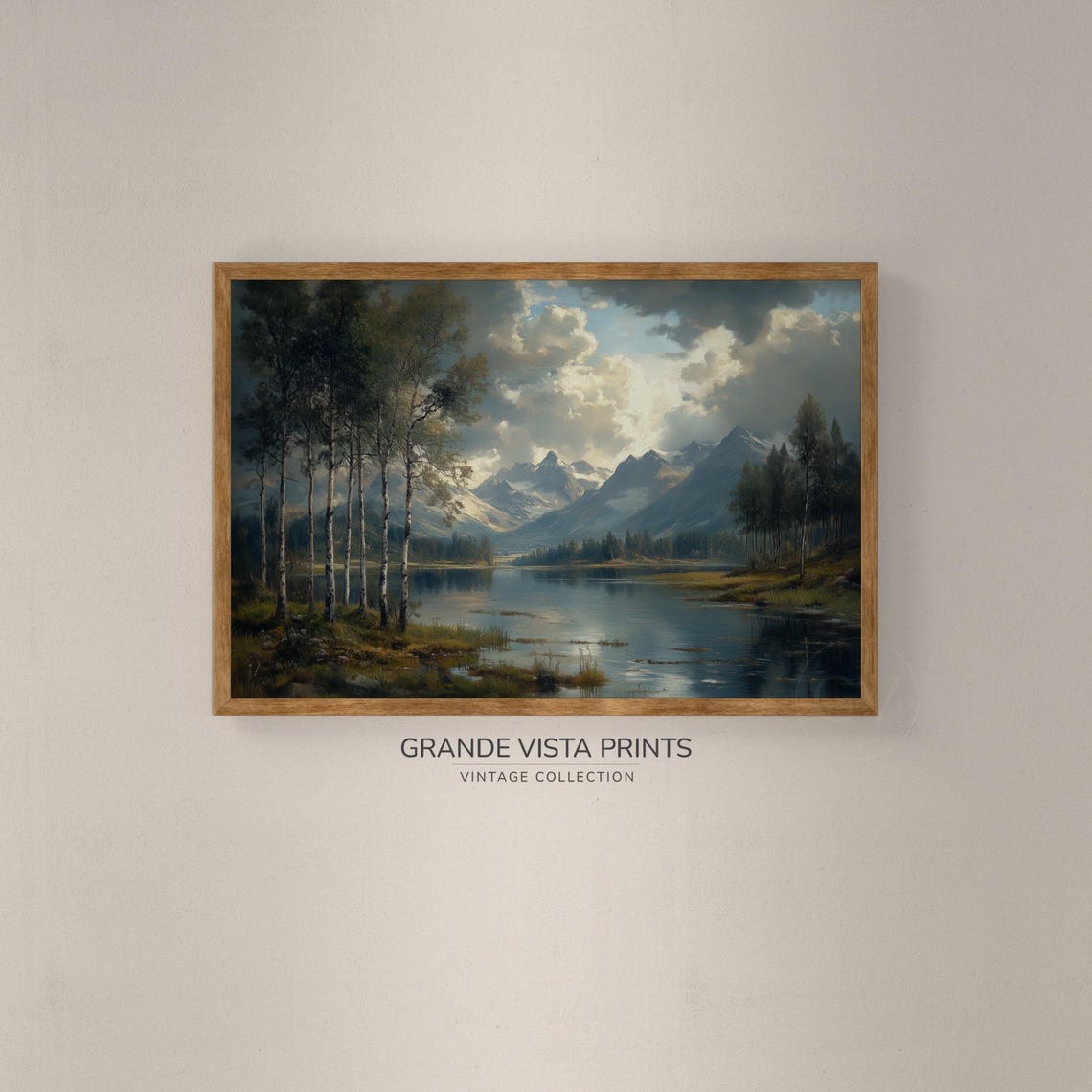 Moody Mountain Lake Birch Trees Snow Peaks Dramatic Sky Poster - Image 2