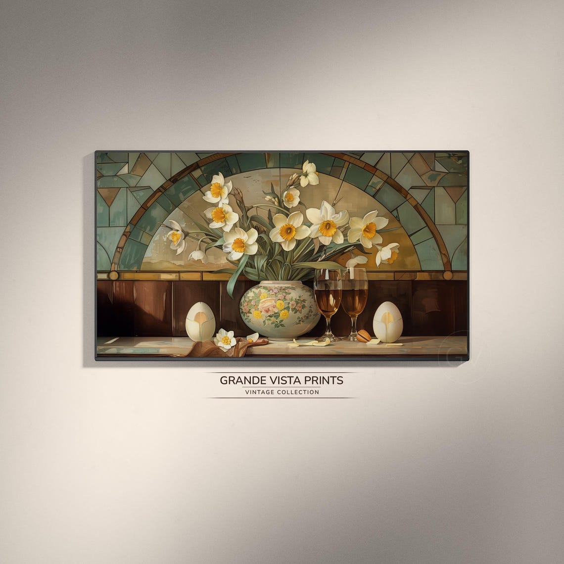 Easter Daffodil Still Life with Eggs Wine Glasses Stained Glass Print