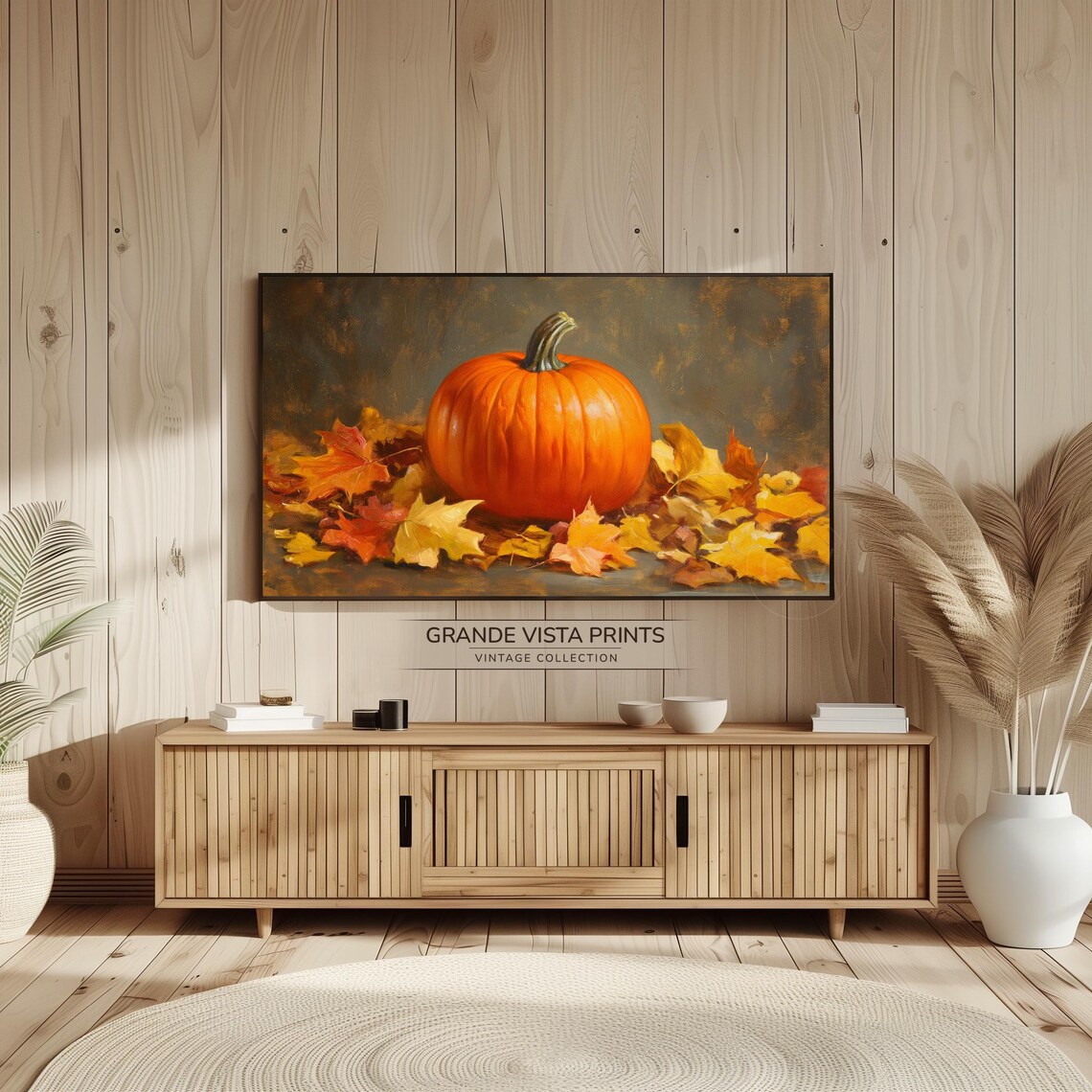 Single Orange Pumpkin Golden Autumn Leaves Dark Vintage Fall Art Poster - Image 2