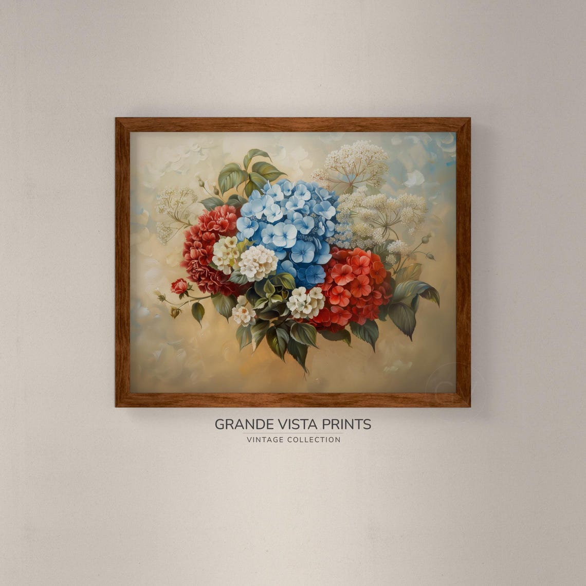 Blue Hydrangea Red White Bouquet Vintage Floral Still Life Poster - Image 4