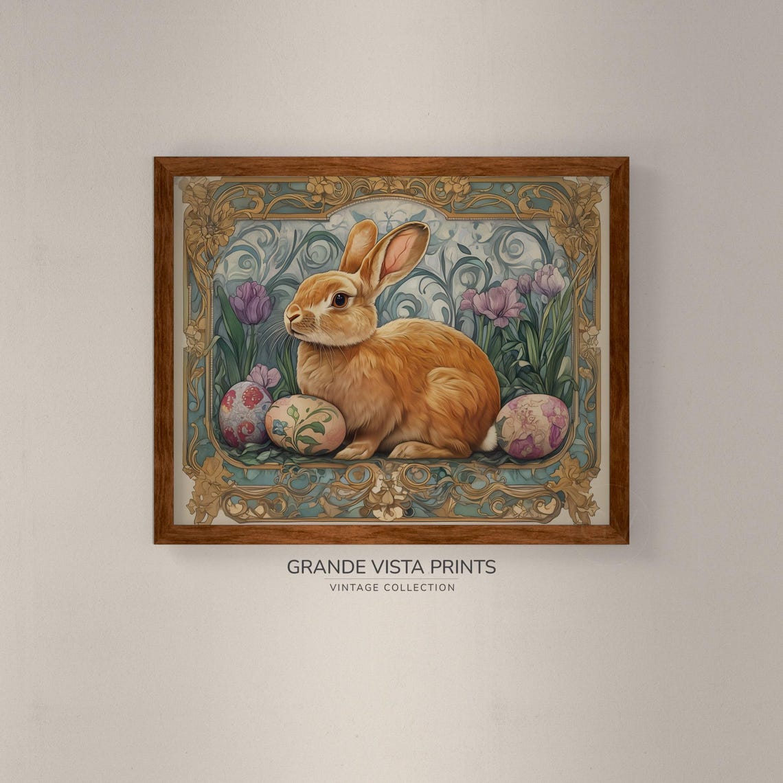 Golden Rabbit Painted Eggs Tulips Art Nouveau Floral Border Poster - Image 4