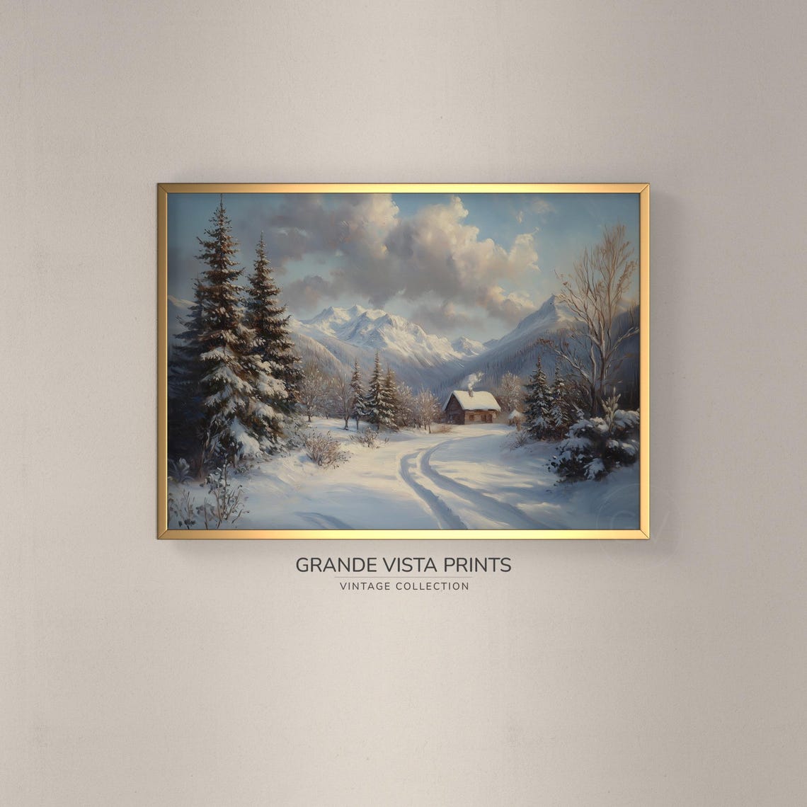 Cozy Winter Cabin Smoky Chimney Snowy Woods Mountain Landscape Poster