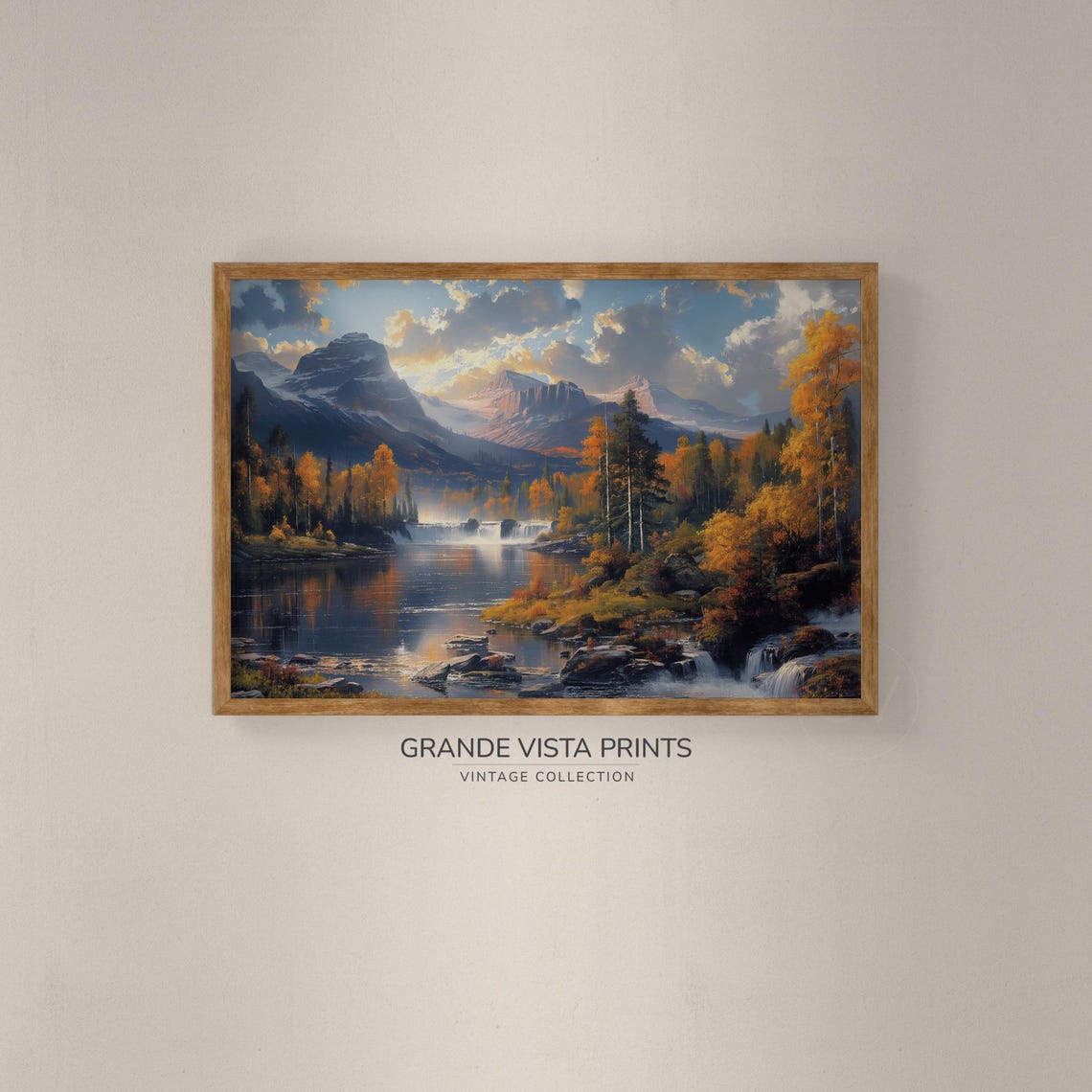Autumn Mountain Lake Waterfall Golden Foliage Vintage Landscape Poster - Image 2