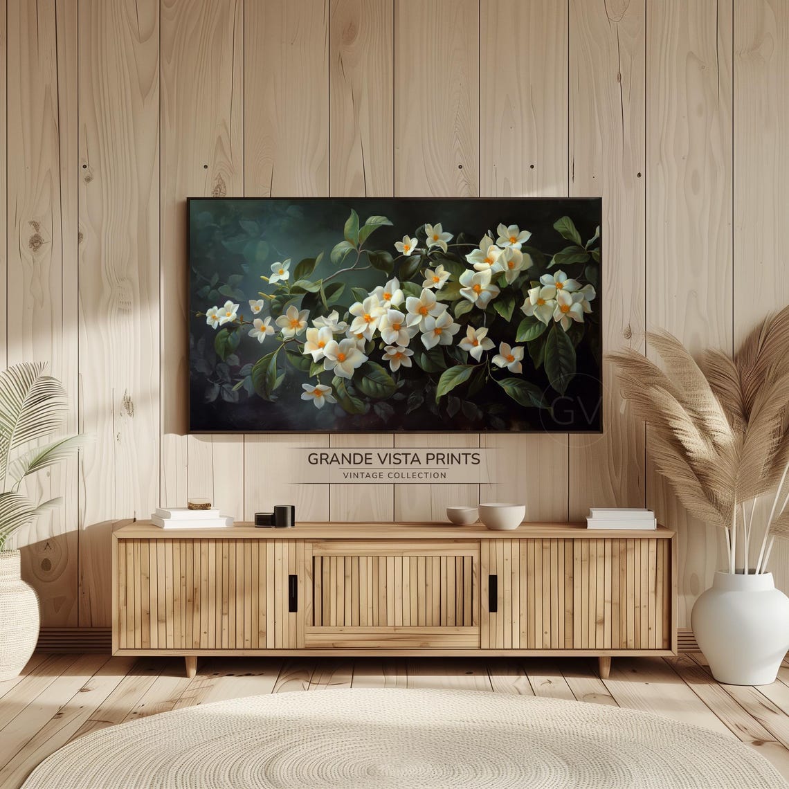 White Blossom Branch Orange Centers Dark Vintage Botanical Wall Art - Image 2
