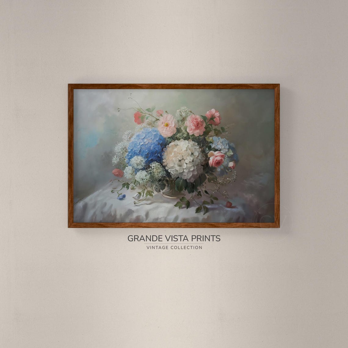 Blue White Hydrangeas Pink Roses Glass Vase Bouquet Floral Wall Poster - Image 2