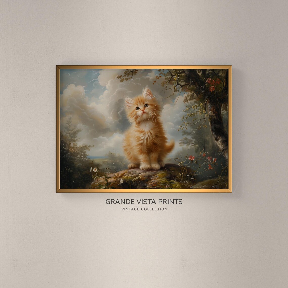 Fluffy Ginger Kitten On Rock Vintage Cute Cat Painting Animal Wall Art Poster