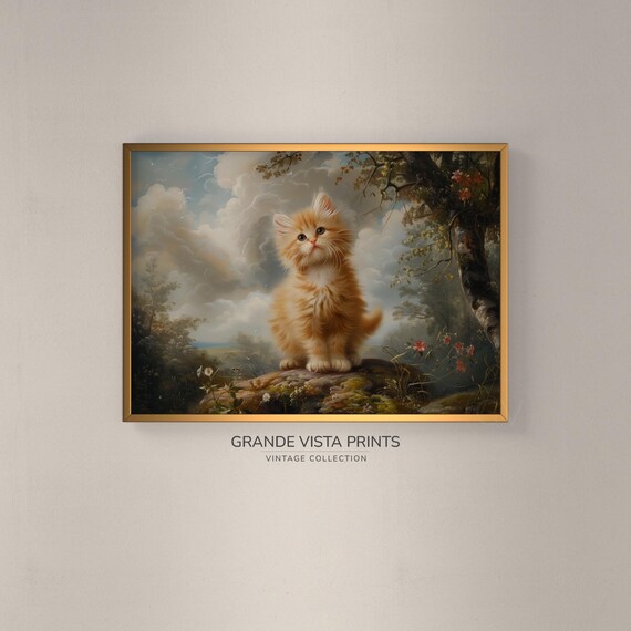 Fluffy Ginger Kitten On Rock Vintage Cute Cat Painting Animal Wall Art Poster